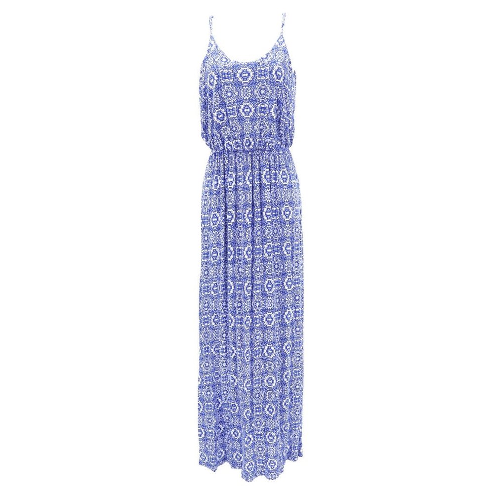 Lush Mediterranean Spaghetti Strap Maxi Blue White Pattern Soft Sun Dress S
